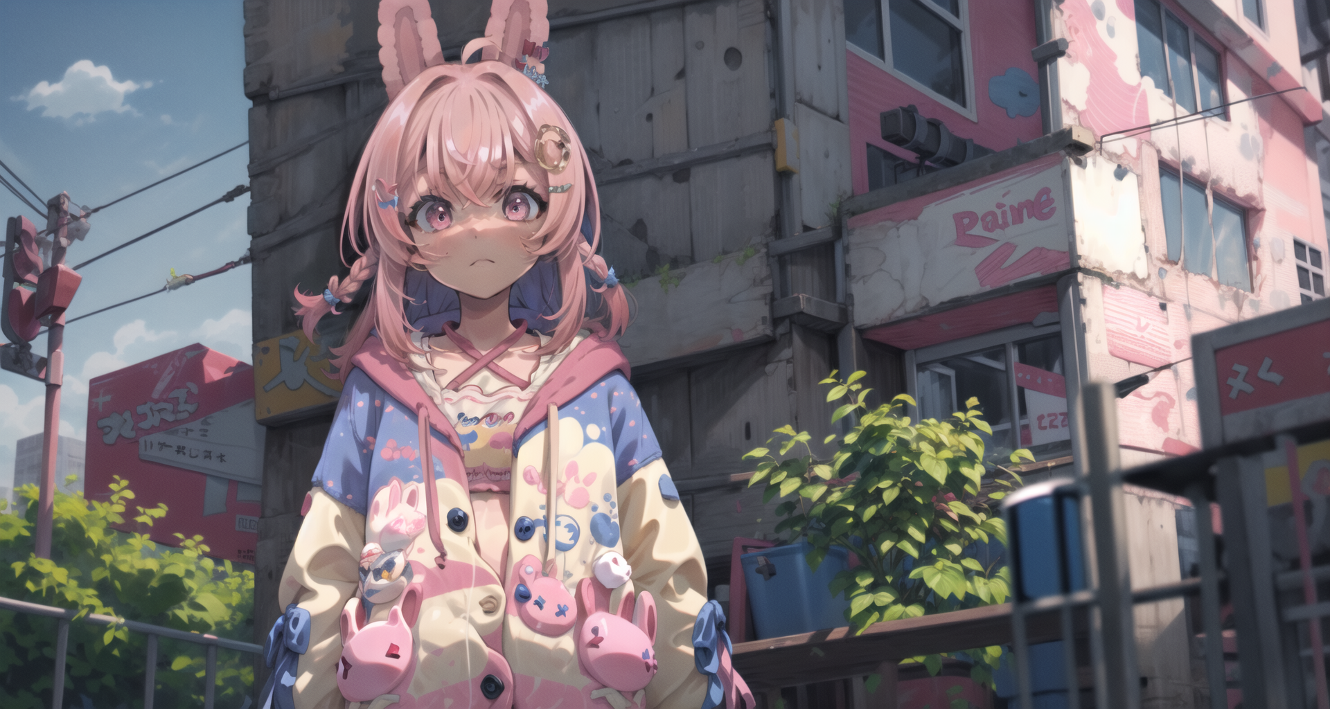03389-1218092283-1girl, pipkin pippa, hair ornament, pink hoodie, pink hair, braids, pink eyes, rabbit ears, blank eyes, Walmart, outdoors, _lora.png